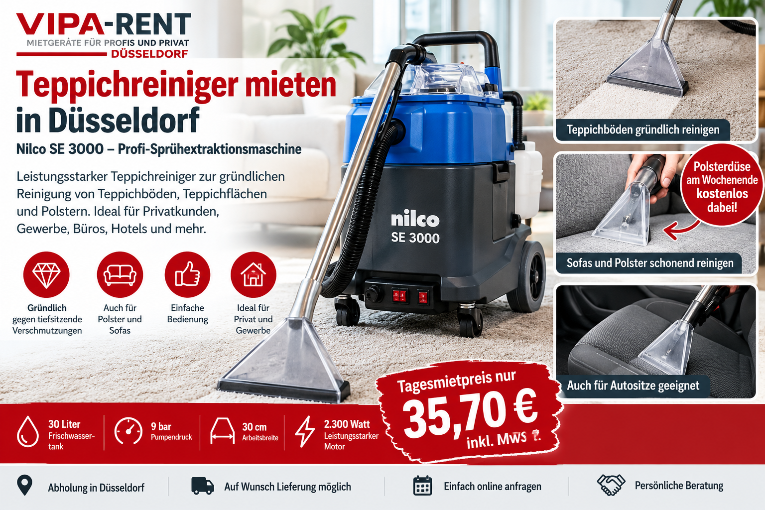 Teppichreiniger Nilco SE 3000 mieten Düsseldorf Nilco SE 3000 Teppichreiniger mieten in Düsseldorf bei VIPA-Rent für Teppiche und Polster
