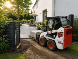 Bobcat S70 Kompaktlader beim Transport von Terrassenplatten im Garten hinter einem Wohnhaus in Düsseldorf