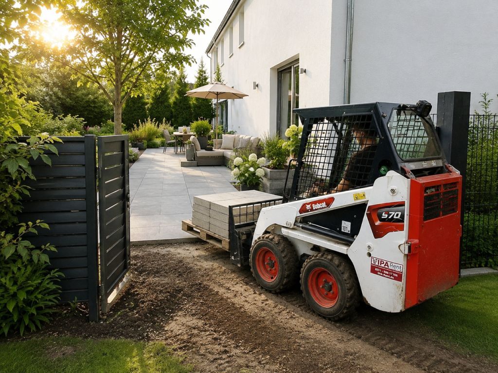 Bobcat S70 Kompaktlader mieten in Düsseldorf | VIPA-Rent Bobcat S70 Kompaktlader beim Transport von Terrassenplatten im Garten hinter einem Wohnhaus in Düsseldorf
